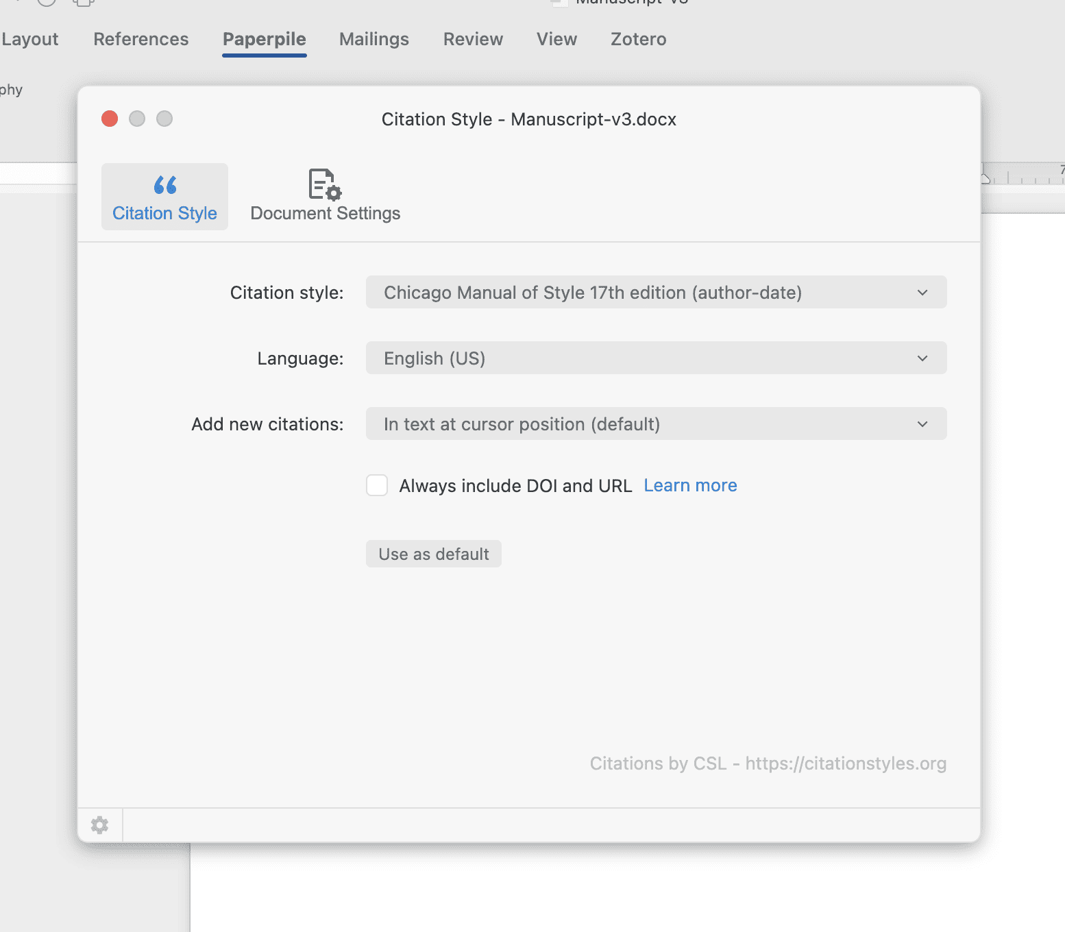 The Citation Style window for Manuscript-v3.docx in Word, with the style set to Chicago Manual of Style 17th edition (author-date), Language English (US), “Add new citations: In text at cursor position” and a “Use as default” button.
